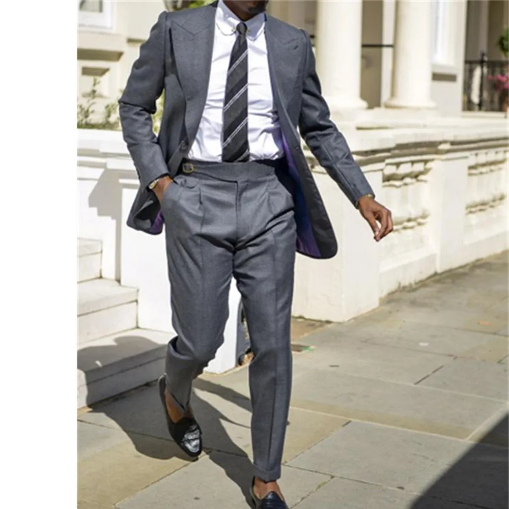 

Dark Grey Casual Mens Suits Slim Fit 2 Pieces Formal Occasion Peaked Lapel Coat with Pant Jacket Wedding Tuxedos Groom 2022