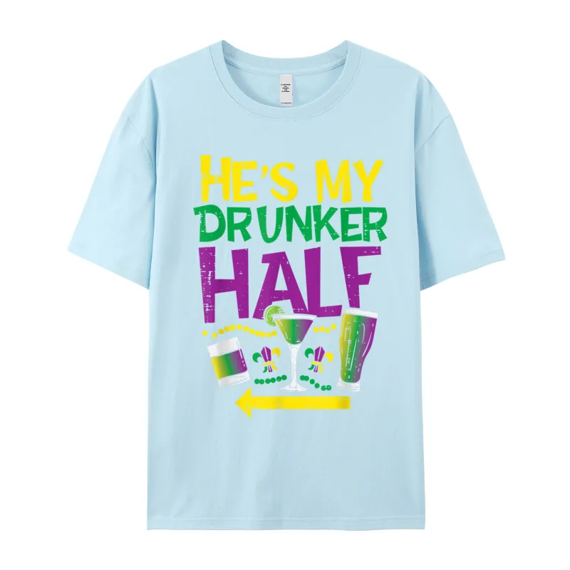 Retro Male Tops Tees Hes My Drunker Half Matching Letter T Shirt All Cotton Short Sleeve Leisure T-Shirt Round Neck