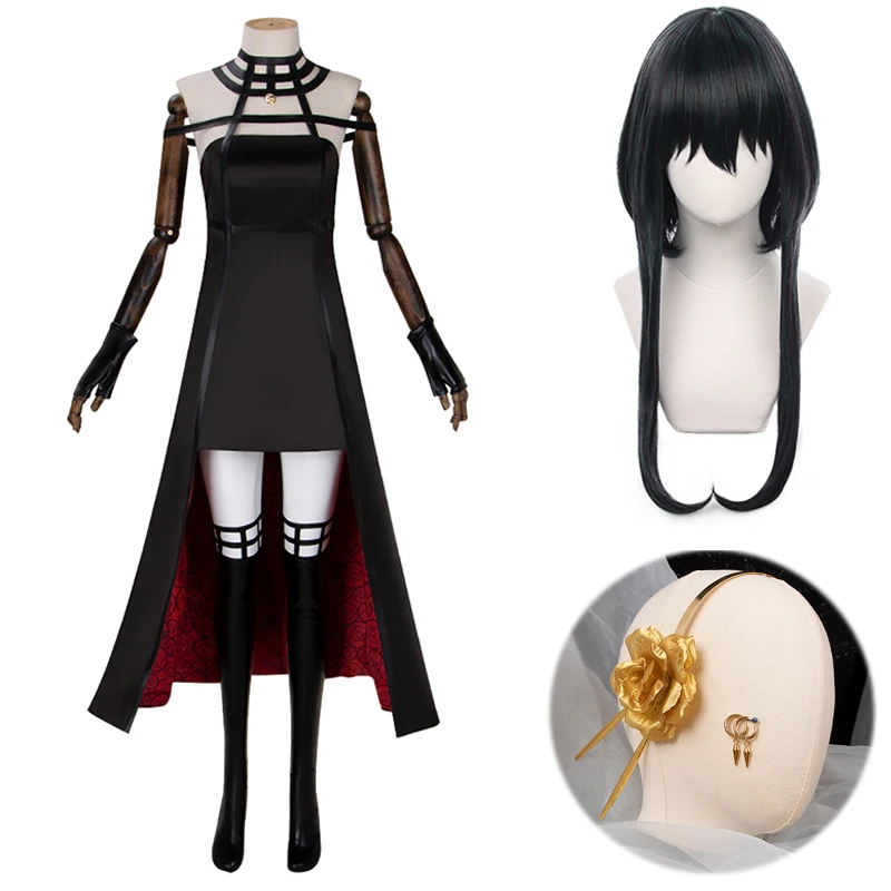 

Anime Spy Family Yor Forger Killer Cosplay Costume Headwear Earrings Dress Stockings Gloves Suit Halloween Outfit