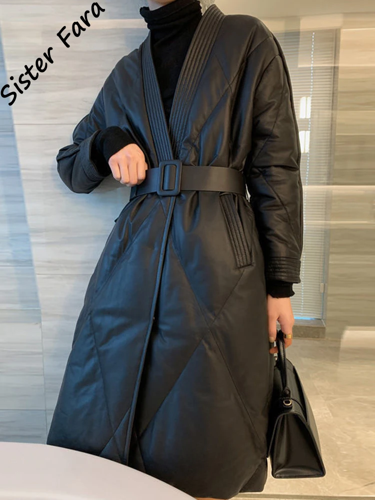 

Sister Fara Winter Sheep Skin PU Leather Down Parka Cotton Jacket Women's Mid-length Black Jacket Casual Waist Leather Jacket