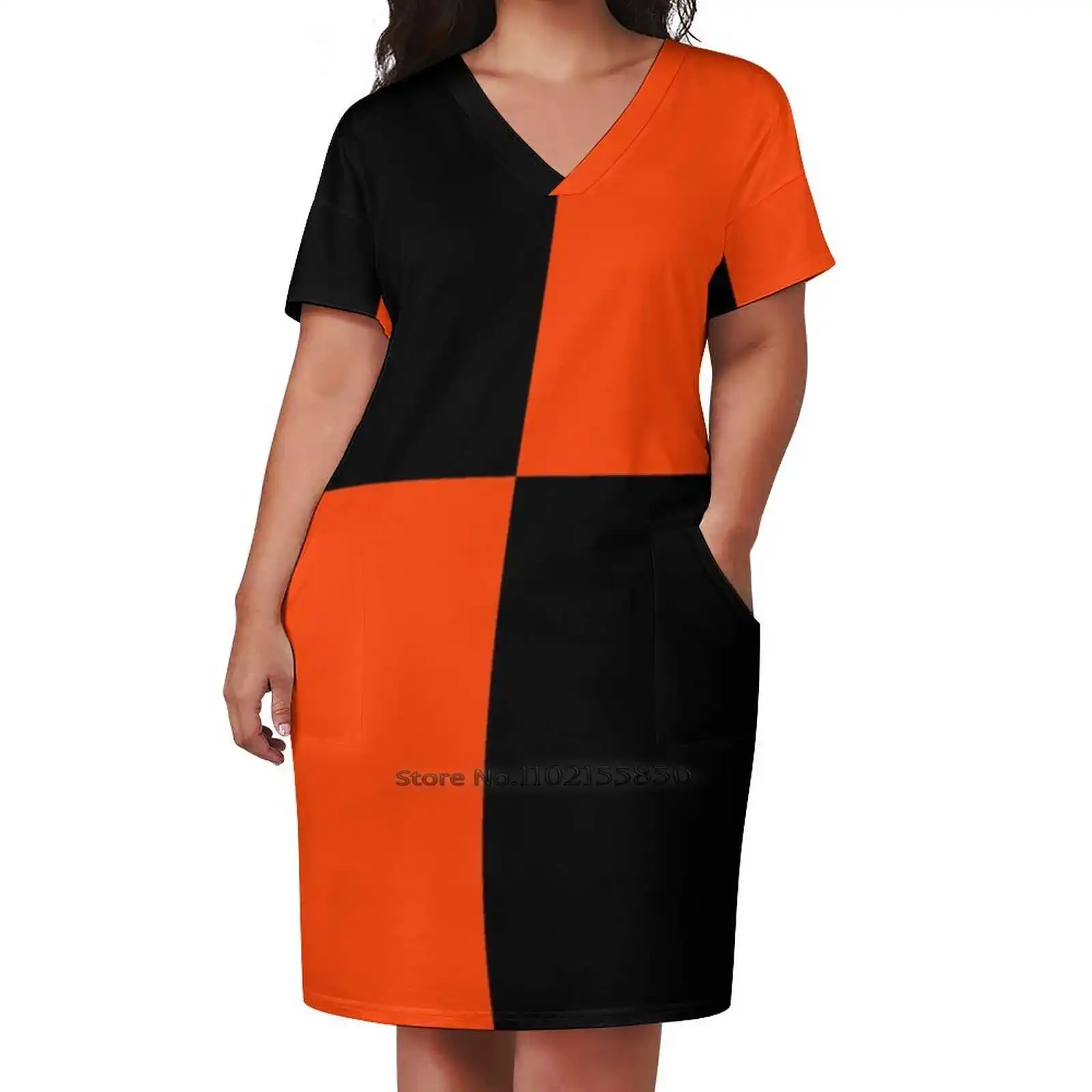 

Bright Fluorescent Attack Orange Neon And Black Checked Loose Pocket Dress Women'S Printed Dresses V Neck Casual Dress New