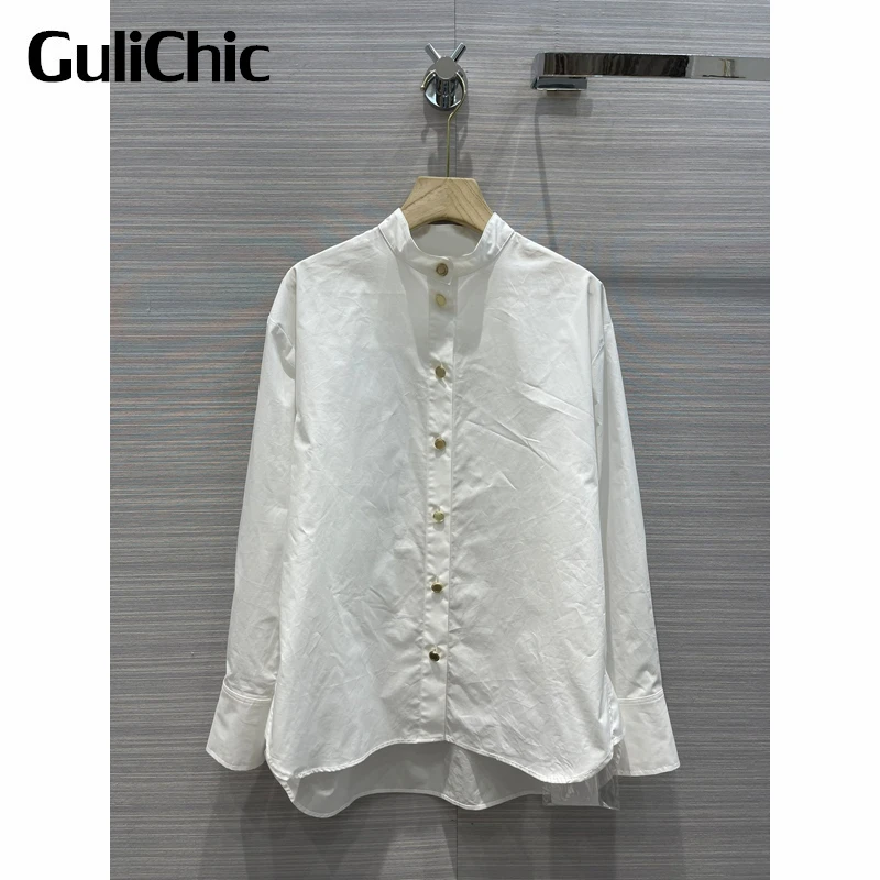 

4.18 GuliChic Women Stand Collar Long Sleeve Loose Casual Shirt Single Breasted White Cotton Blouse
