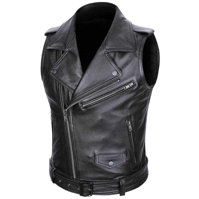 

Men's Genuine Leather Oblique Zipper Sleeveless Jackets High Quality Cowhide Vests Motorcycle Biker Detachable Belt Leather Vest