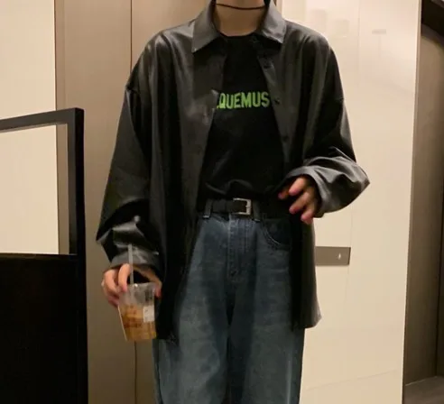 Harajuku Loose Design Pu Leather Coat Women's Lapel Medium Long Sleeved Leather Coat  Office Lady Cool Girl Blouse Jacket