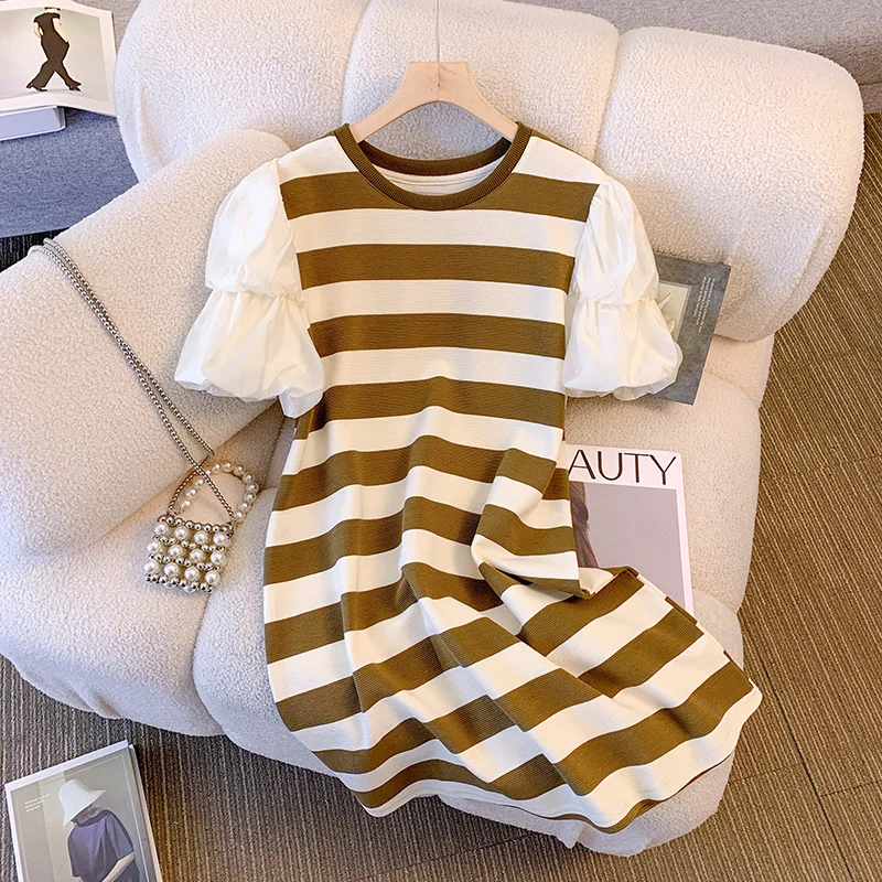 

Women's Round Neck Striped Patchwork Bubble Short Sleeves Dress New Summer Chic Design Temperament Fashion Long Skirt Female