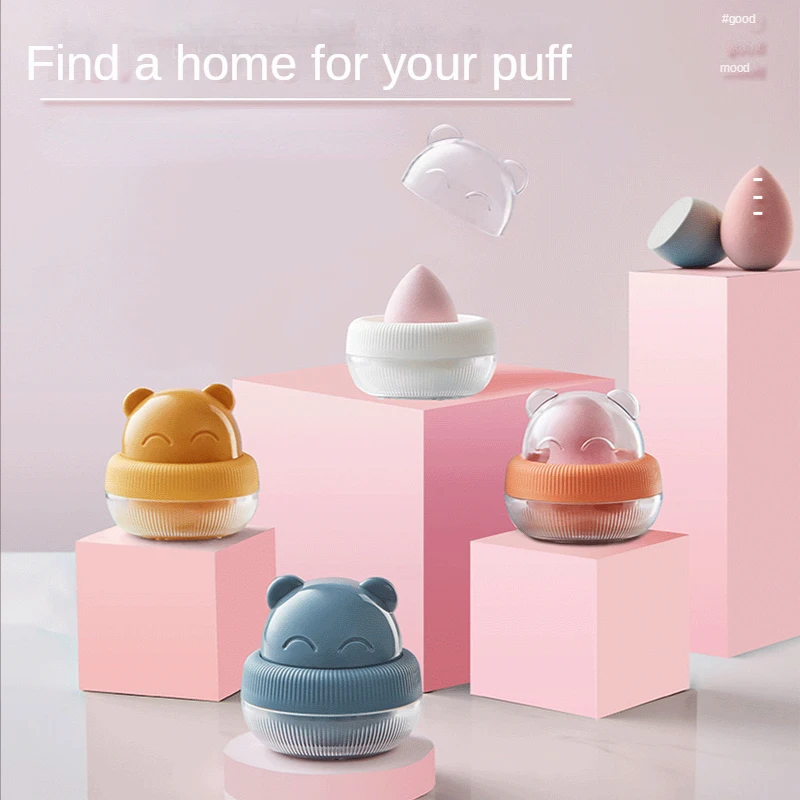 

1pc Cute Bear Makeup Egg Storage Box With Sponge Egg Breathable Powder Puff Makeup Egg Dustproof Storage Box