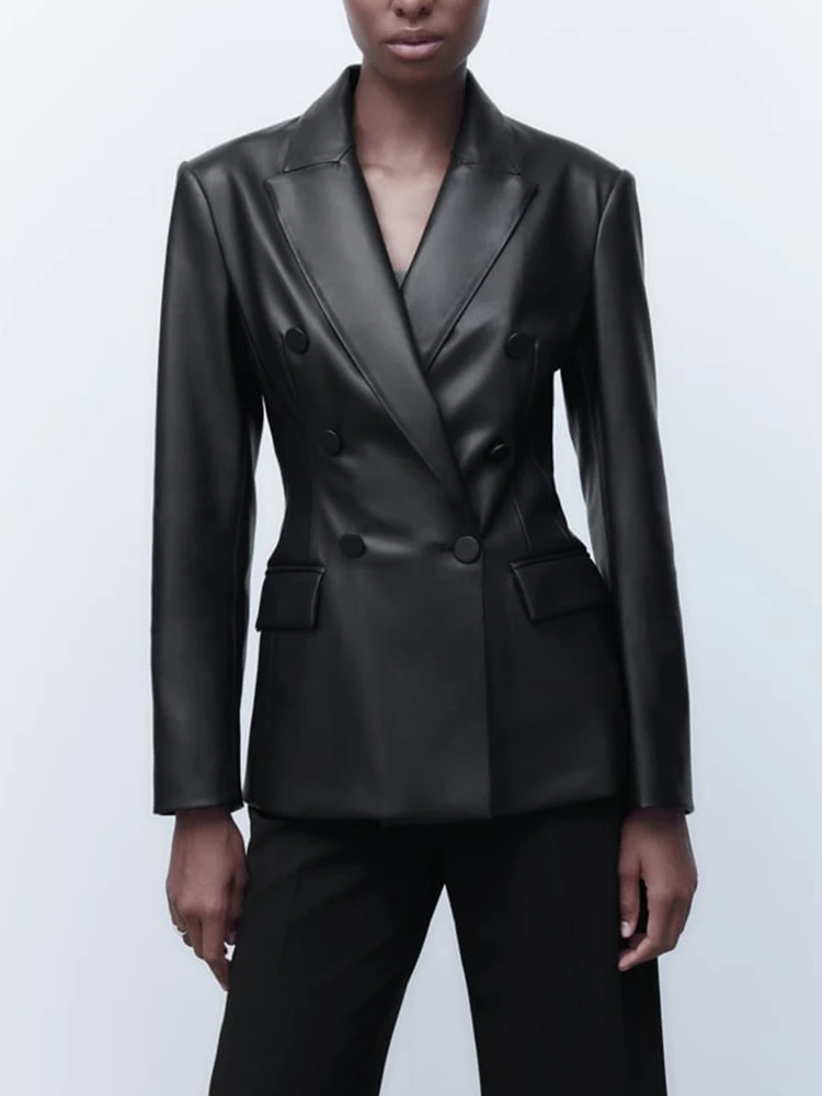 

TRAF Women Fashion Faux Leather Blazers Coat 2022 Vintage Long Sleeve Pockets Jacket Female Casual Outerwear Chic Tops