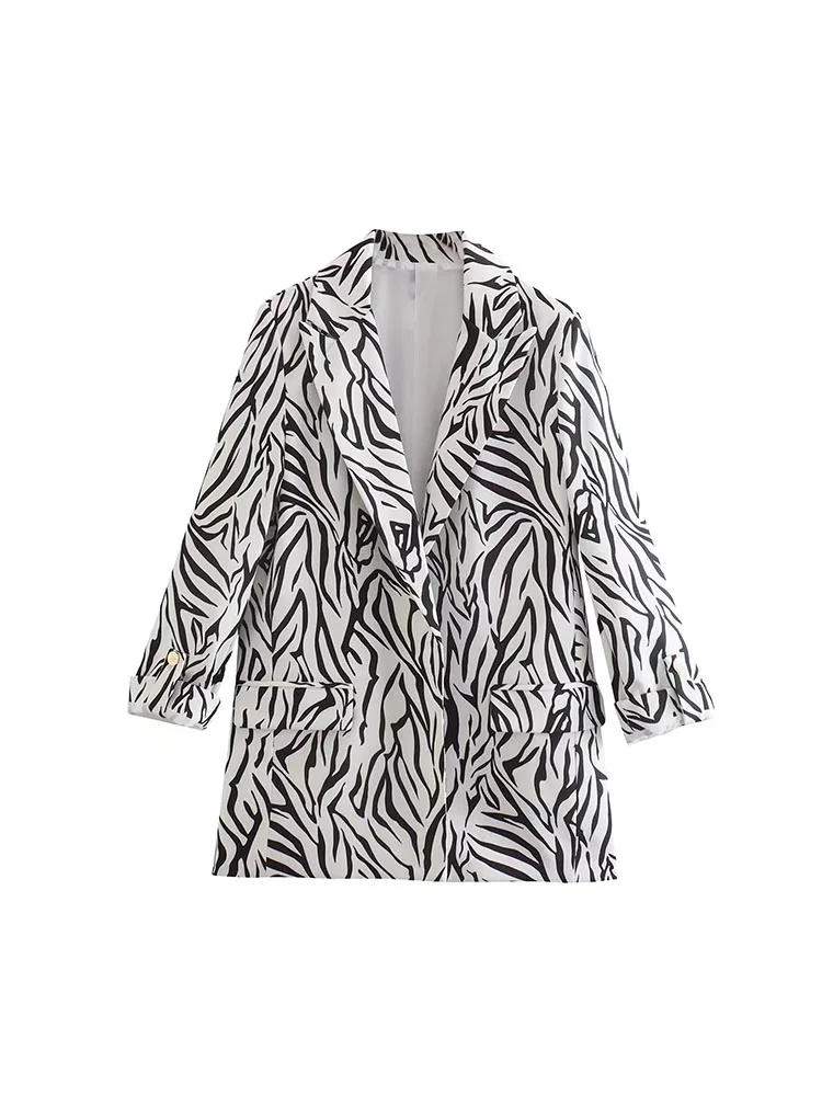 

Women's Summer 2022 New Fashion Chic Rollable Sleeves Casual Jacket Retro Lapel Animal Print Slim Fit Loose Pocket Suit