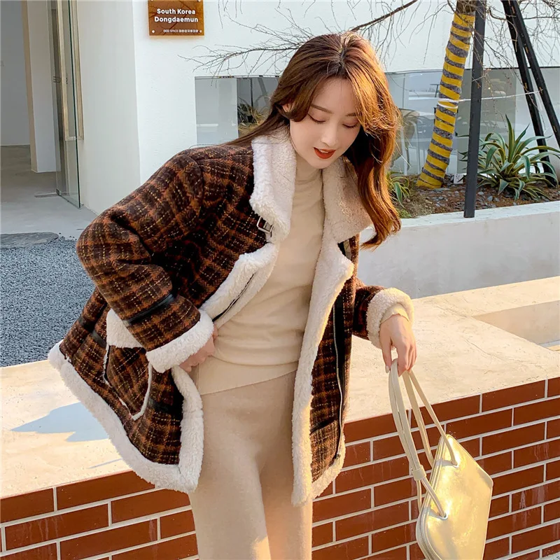 Checker wool plush warm coat imitation lamb wool thickened cotton suit