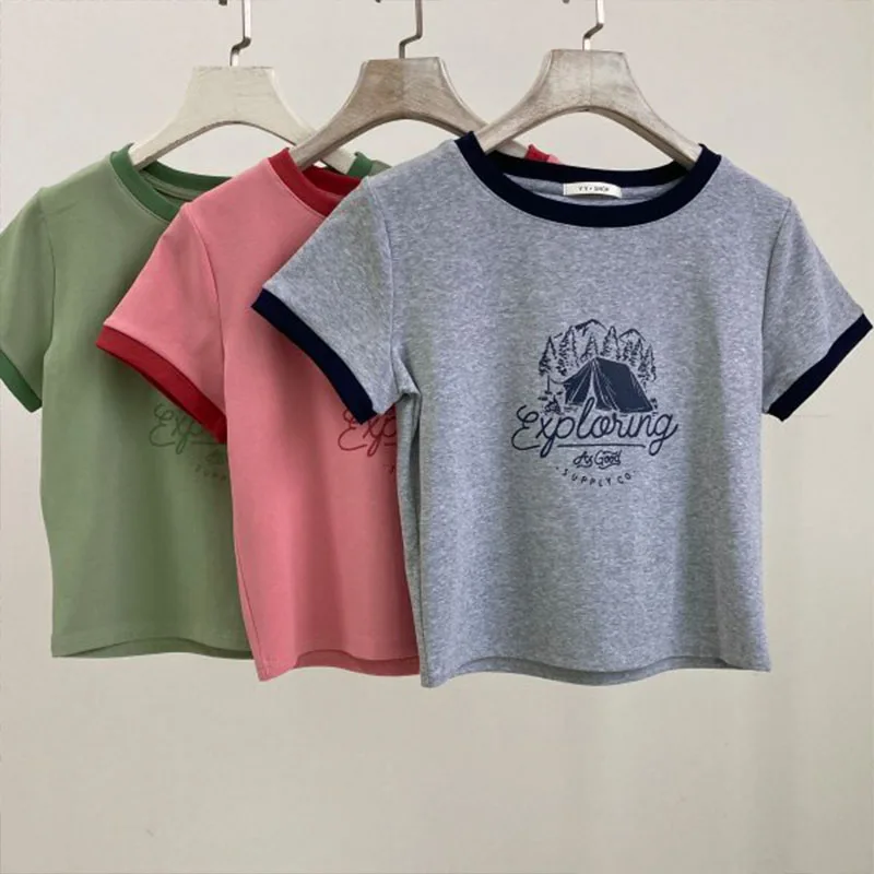 

Женские суперкороткие топы с принтом, повседневные футболки, Молодежные рубашки с пупком, блузки 3 цветов, лето 2022