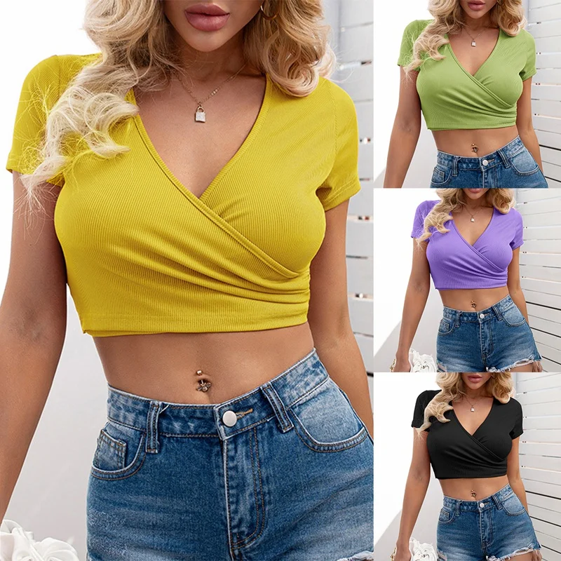 

Women's Cross-Wrapped Deep V-Neck Short-Sleeved Slim Ultra-Short Sexy T-Shirt