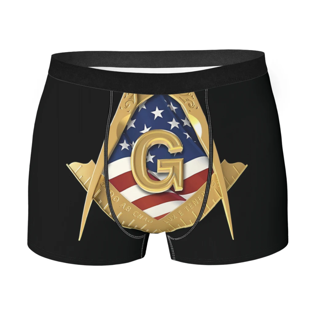 

Square Compass USA American Flag Gold Masonic Man's Boxer Briefs Freemason Breathable Creative Underwear Top Quality Shorts