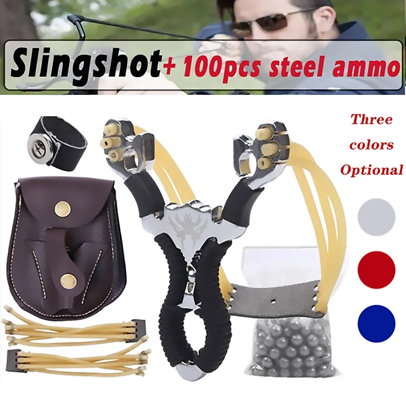 5pcs/Set Stainless Steel Powerful Slingshot Set Professional Outdoor Hunting Slingshot with 50pcs Steel Ball Ammo