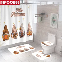 Hello Autumn Shower Curtain Gnomes Pumpkin Pine Cones Maple Leaf Bath Mats Rug 3D Bathroom Curtains Toilet Cover Non-slip Carpet