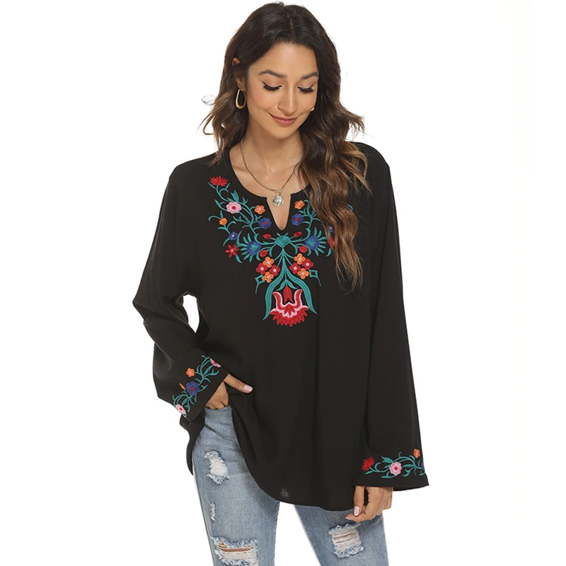 KHALEE YOSE çiçek nakış bluz gömlek % 100% pamuk Boho Vintage Chic sonbahar kadın siyah 23xl etnik hippi gömlek bluz üst