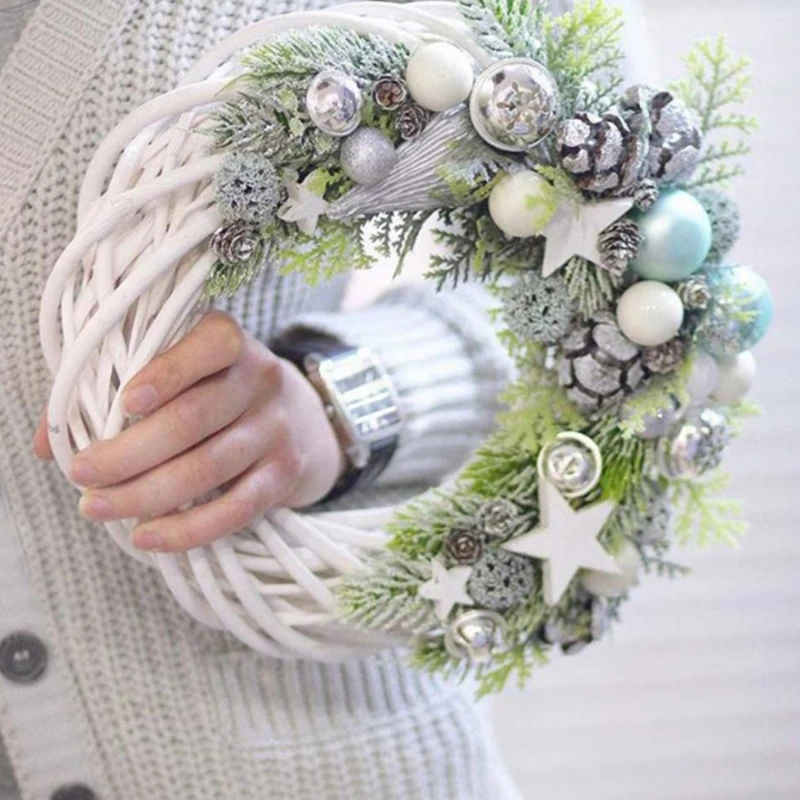 

White/Gray Garland Wicker Round Design Christmas Tree Rattan Wreath Ornament Vine Ring Decoration Home Party Hanging Flower Craf