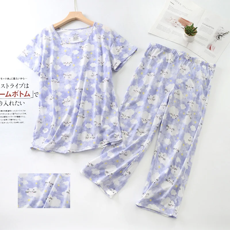 Women's Pajamas Set Cartoon Short Sleeve Tops Long Pants 2Piece/Set Casual Pyjama Big Size Mom Homewear Cozy Plus Sleepwear