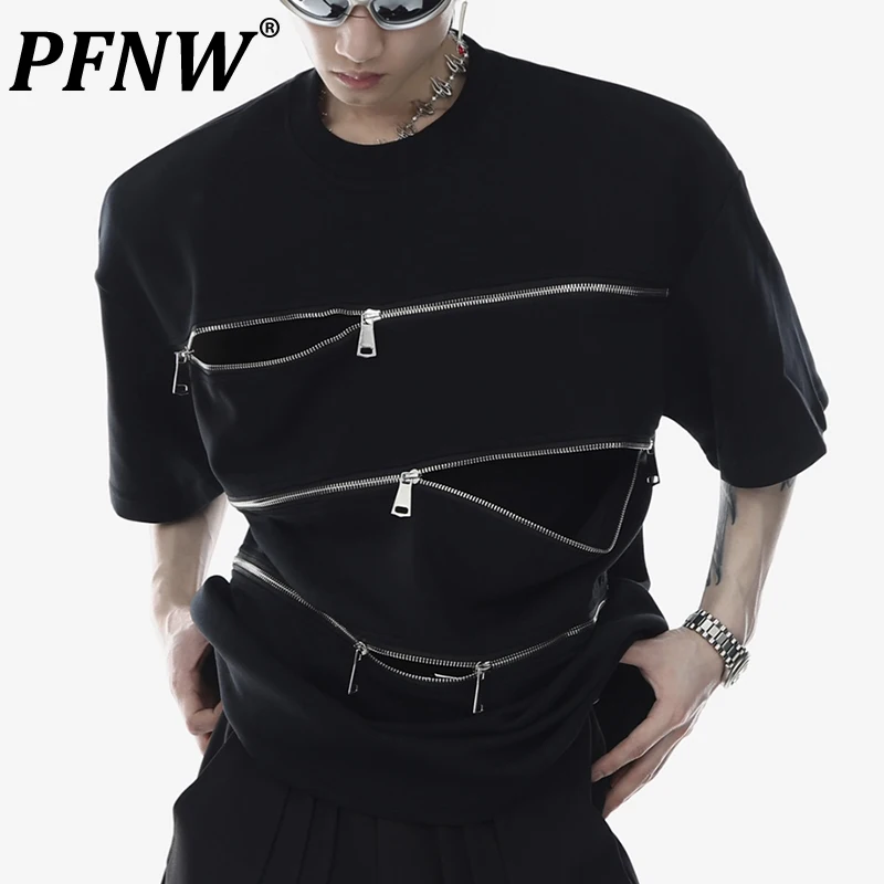 

PFNW Summer Men's Tide Deconstructed Shoulder Pad T-shirt Metal Zippers Short Sleeve Multi Wear Design Motorcycle Tops 12A9852