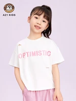 a21 girls knitted short sleeved t shirt loose round neck 2022 summer new letter printing personality hole childrens casual top