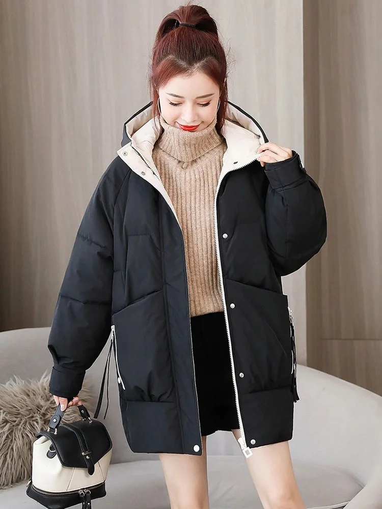 

Women's Parkas Winter New Down Jackets Woman Causal Hodded Thicking Coats Luxury Fashion Loose Female Solid Black Korean Parka