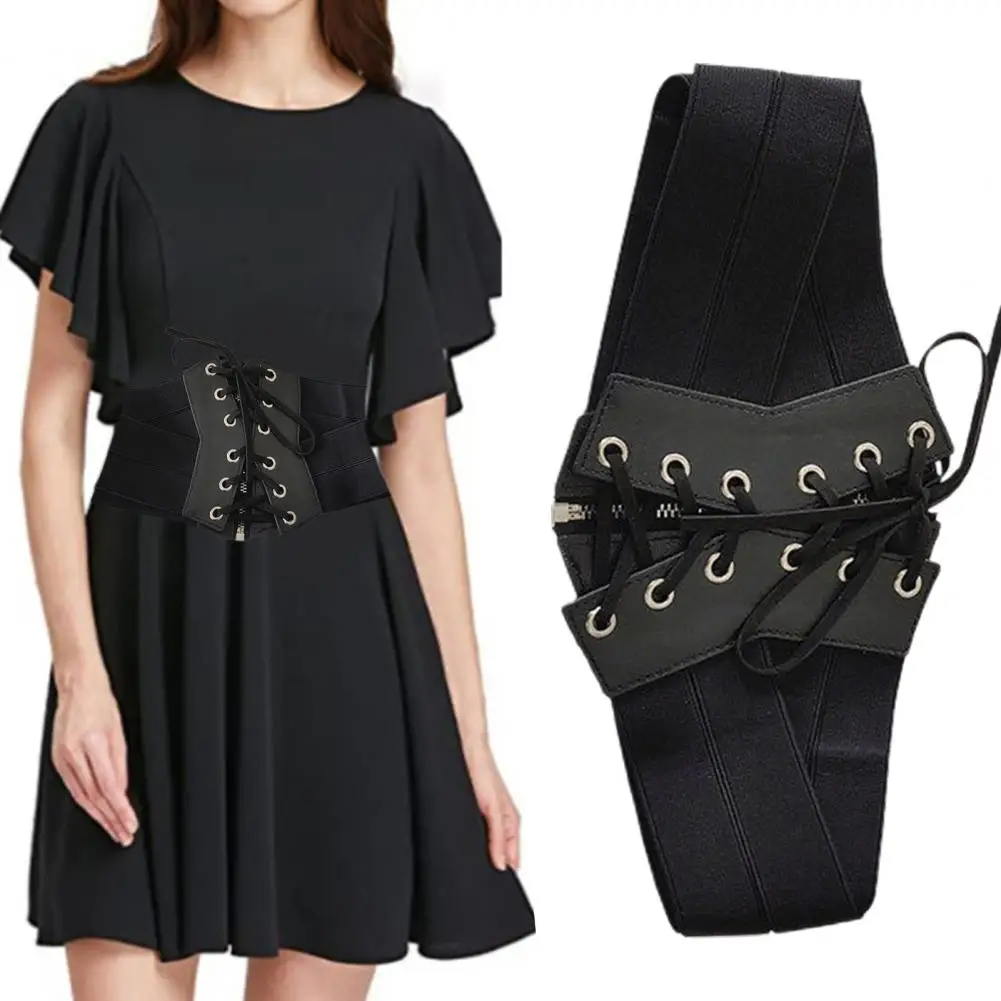 

Women Waistband Lace Up Tie Widened Waist Belt Black Faux Leather Lady Body Slimming Waist Wrap