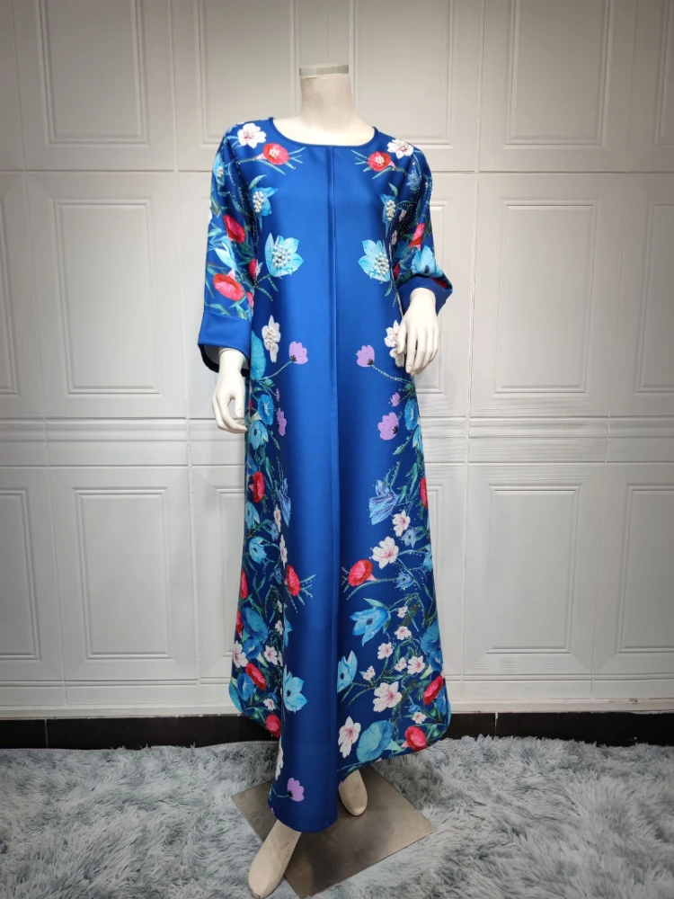 Saudi Women Abayas Retro Floral Print Beading O-Neck Long Dresses 2023 Spring Summer Casual Party Chic Dress Elegant Robe