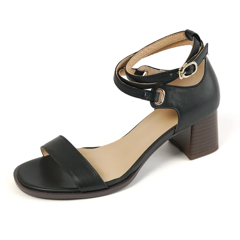 

Women Genuine Leather Ankle Wrap Sandals SmallHut New 2023 Summer Beige Black High Thick Heels Retro Lady Buckle Open Toe Shoes