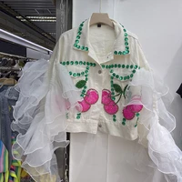 heavy sequins denim jacket women personalized fashion stitching mesh coats and jackets women pink jackets female
