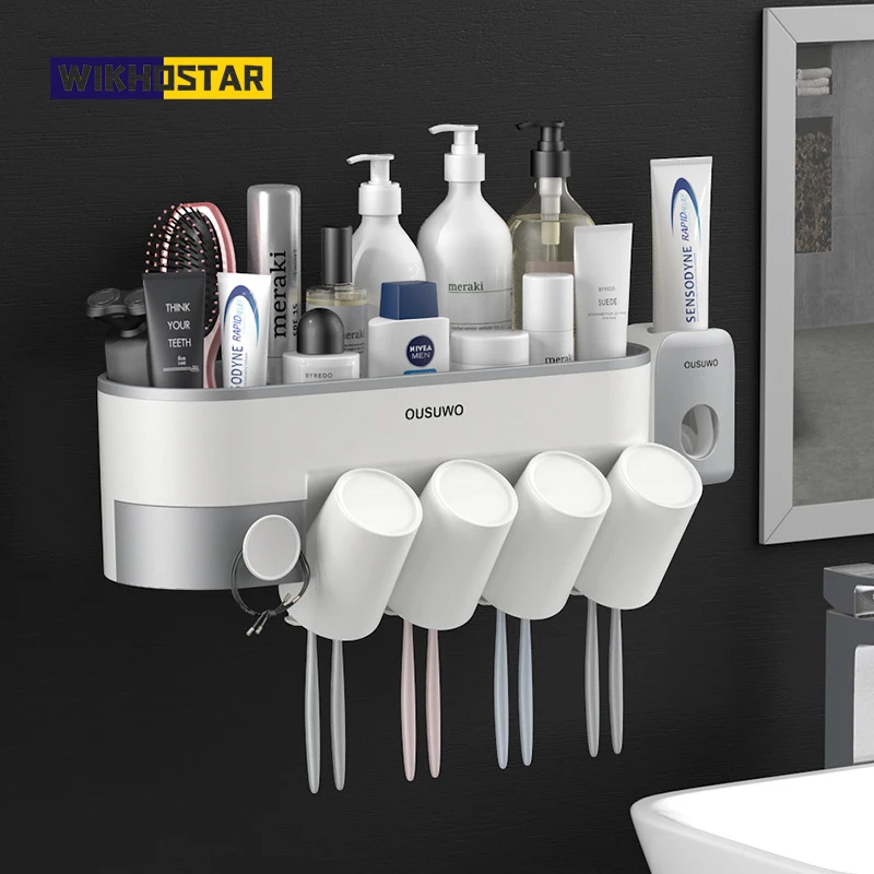 

WIKHOSTAR Bathroom Accessories Set Magnetic Toothbrush Holder With Inverted Cup Automatic Toothpaste Dispenser Storage Rack