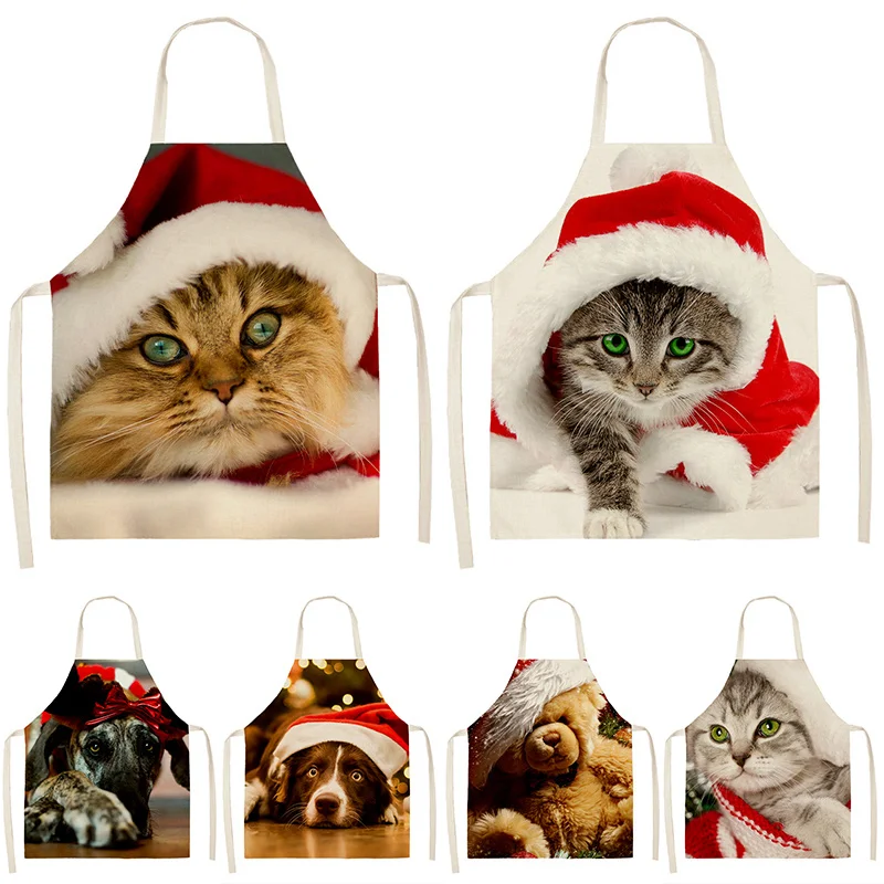 

53*65 см красная шляпа с рисунком кошки собаки женские Кухонные фартуки из хлопка и льна для уборки новый год 2022 рождественские украшения Аксе...
