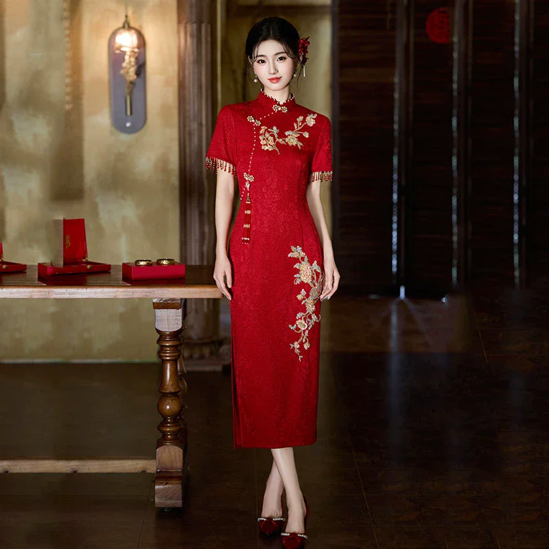 Фото Красное женское платье Cheongsam высокого класса, новое платье Ципао в китайском стиле для невесты, 2025, новое обручальное, свадебное, банкетное №1