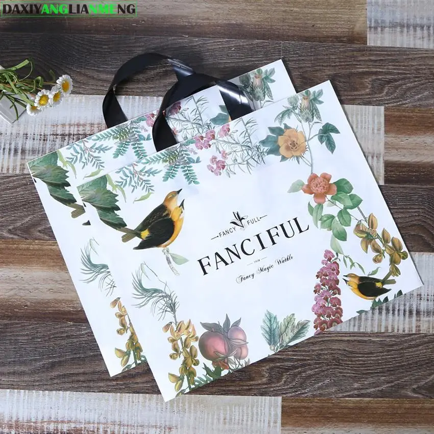

50pcs/lot 33x25x7cm Plastic Gift Handbag For children's Gift women's clothing, Gift Packing bag, Logo Print Birds "FANCIFUL"