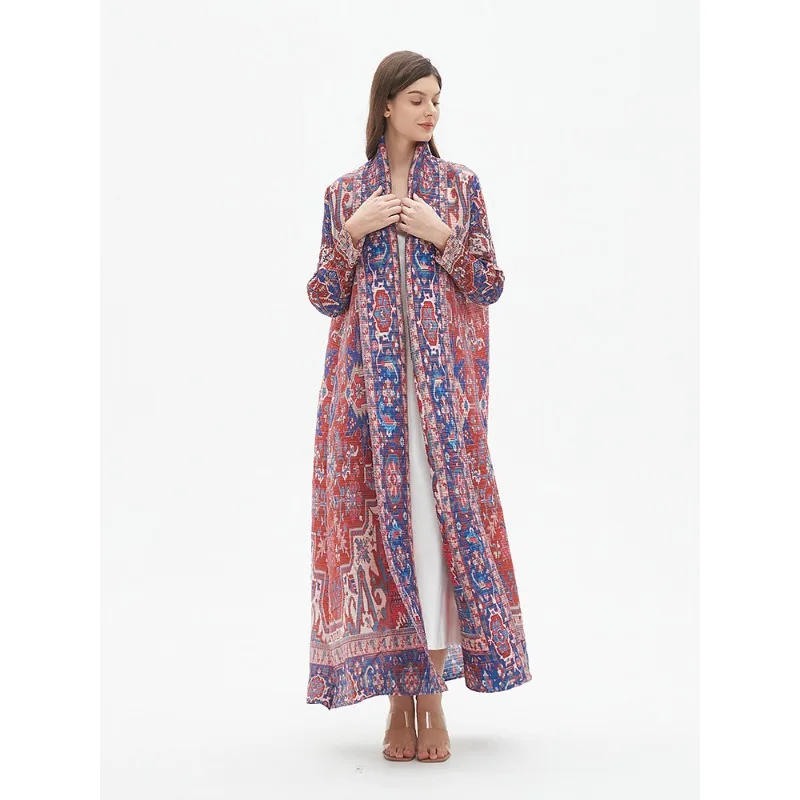 Женское винтажное платье-кардиган с поясом длинным рукавом и принтом