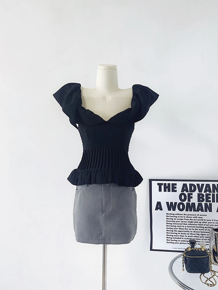 Женская шифоновая блузка с оборками винтажная облегающая во французском стиле