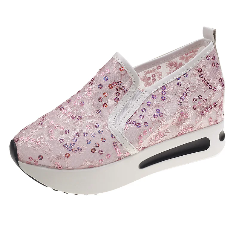 

Platform Wedges women's Sneakers Floral Embroidery Mesh Sneakers For Women Slip On Casual Comfy Heeled Shoes Woman white size 42