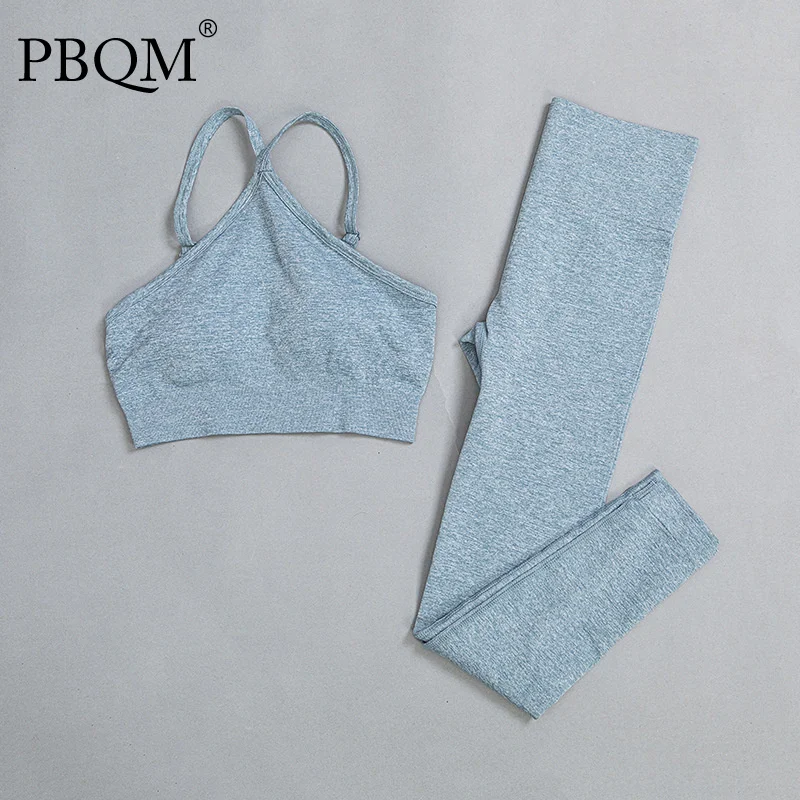 

PBQM Two Piece Set 6 Colors Sexy Mallas High Waist Yoga Mujer Suit Suspender Gym Pants Set Tight Women Leggings Sport Fitness 1