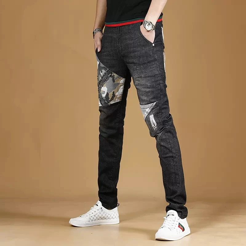 Camouflage Patchwork Black Jeans Men Summer Streetwear Regular Straight Pants Korean Style Casual Stretch Denim Trousers