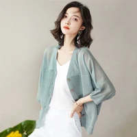 womens ice silk knitted cardigan bat sleeve thin top plus size smock three quarter sleeves sun protection air conditioner shirt