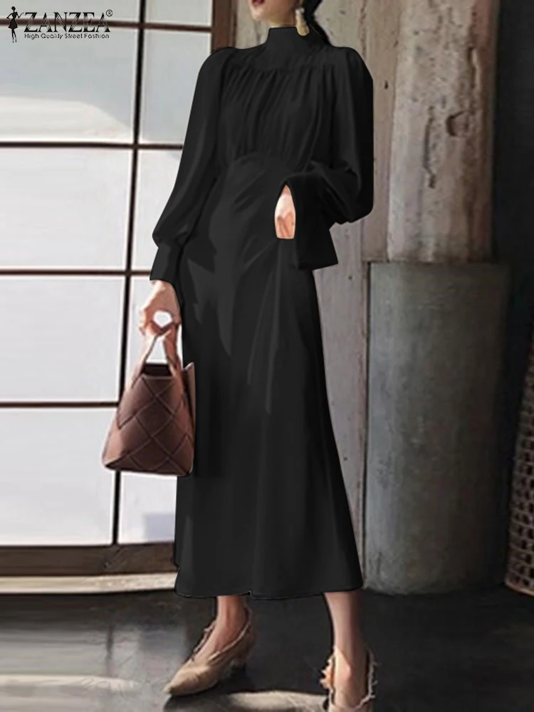 

Women Spring Pleated O Neck Puff Long Sleeve Sundress Back Vestidos Midi Dress 2022 ZANZEA Elegant Casual Loose Fashion Robe