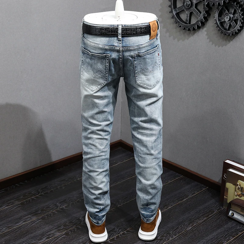 Fashion Designer Men Jeans Retro Light Blue Elastic Stretch Slim Fit Ripped Jeans Men Casual Trousers Vintage Denim Pants Hombre