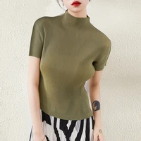 miyake pleated half collar top women summer 2022 new short sleeve beige pleated loose all matching graceful t shirt y2k tops