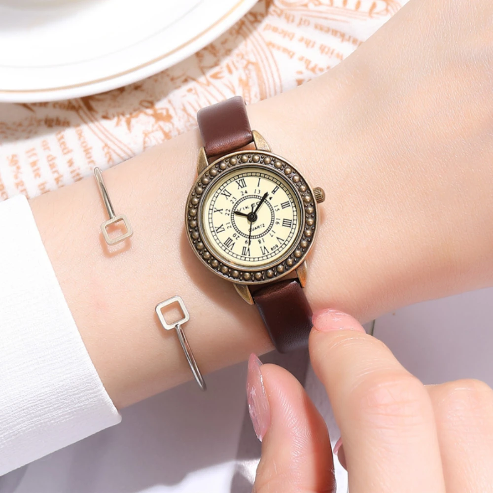 

Ladies Quartz Watch Vintage Leather Women Bracelet Watches Brown Retro Roma Quartz Leather Thin Band Small Dial Relogio Feminino