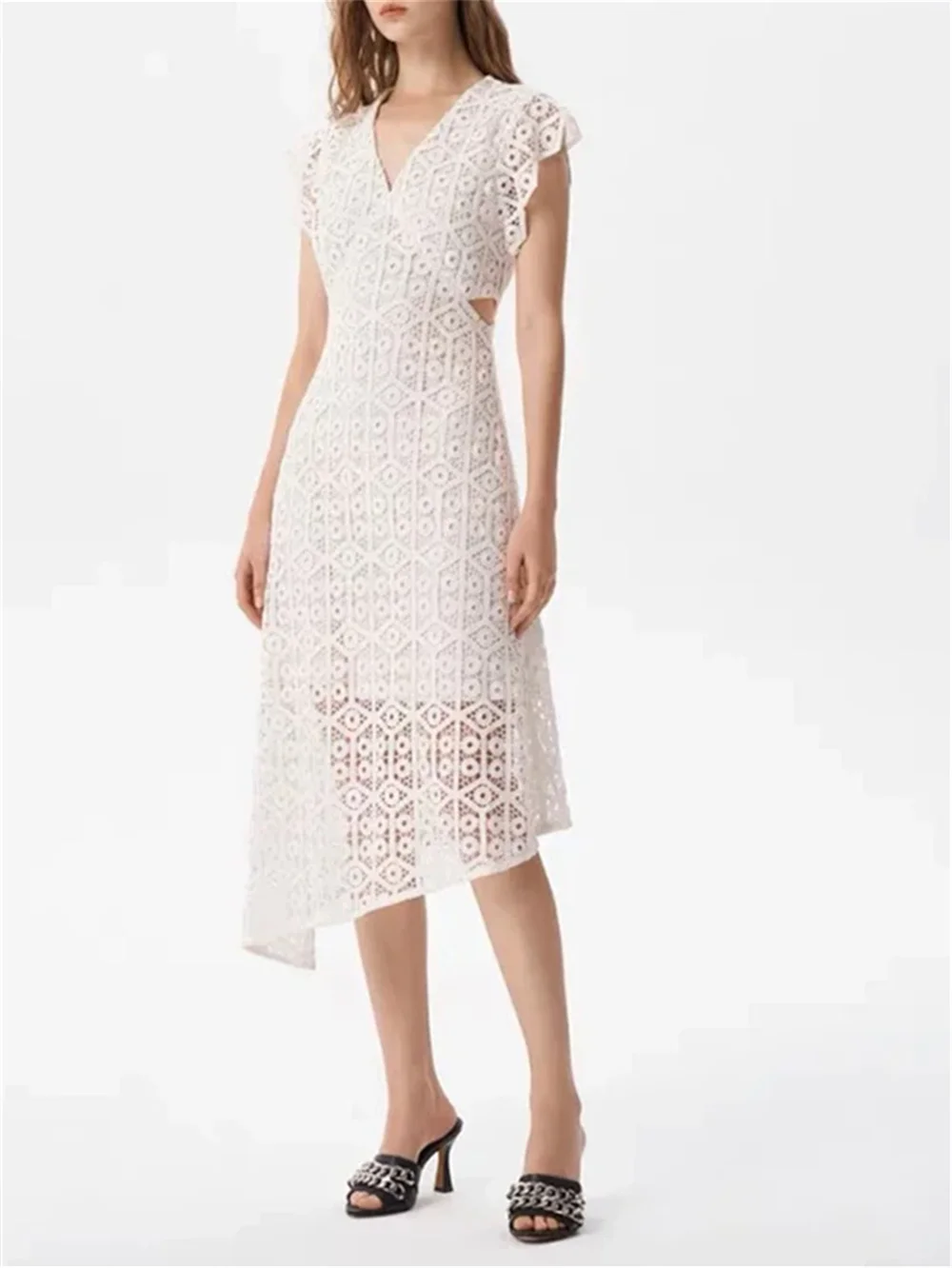 

Women Midi Robes Lace Waist Hollow Out Ruffles Vintage Dress