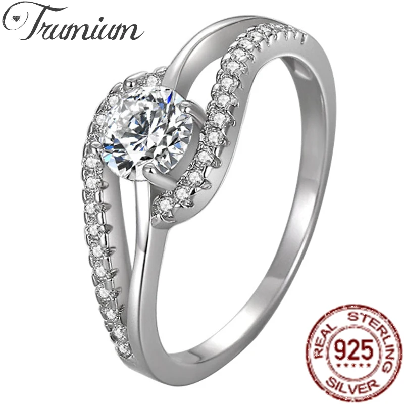 

Trumium 0.6ct Genuine 925 Sterling Silver Rings for Women Sparkling Zircon CZ Curve Ring Wedding Engagement Gift Free Engraving