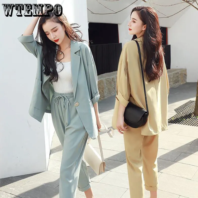 Женский тонкий костюм на весну и лето блейзер одной пуговице прямые брюки