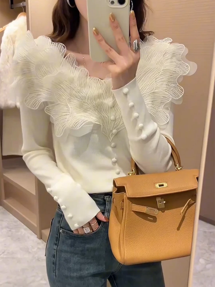 Французская изящная кружевная цветочная лоскутная трикотажная рубашка с