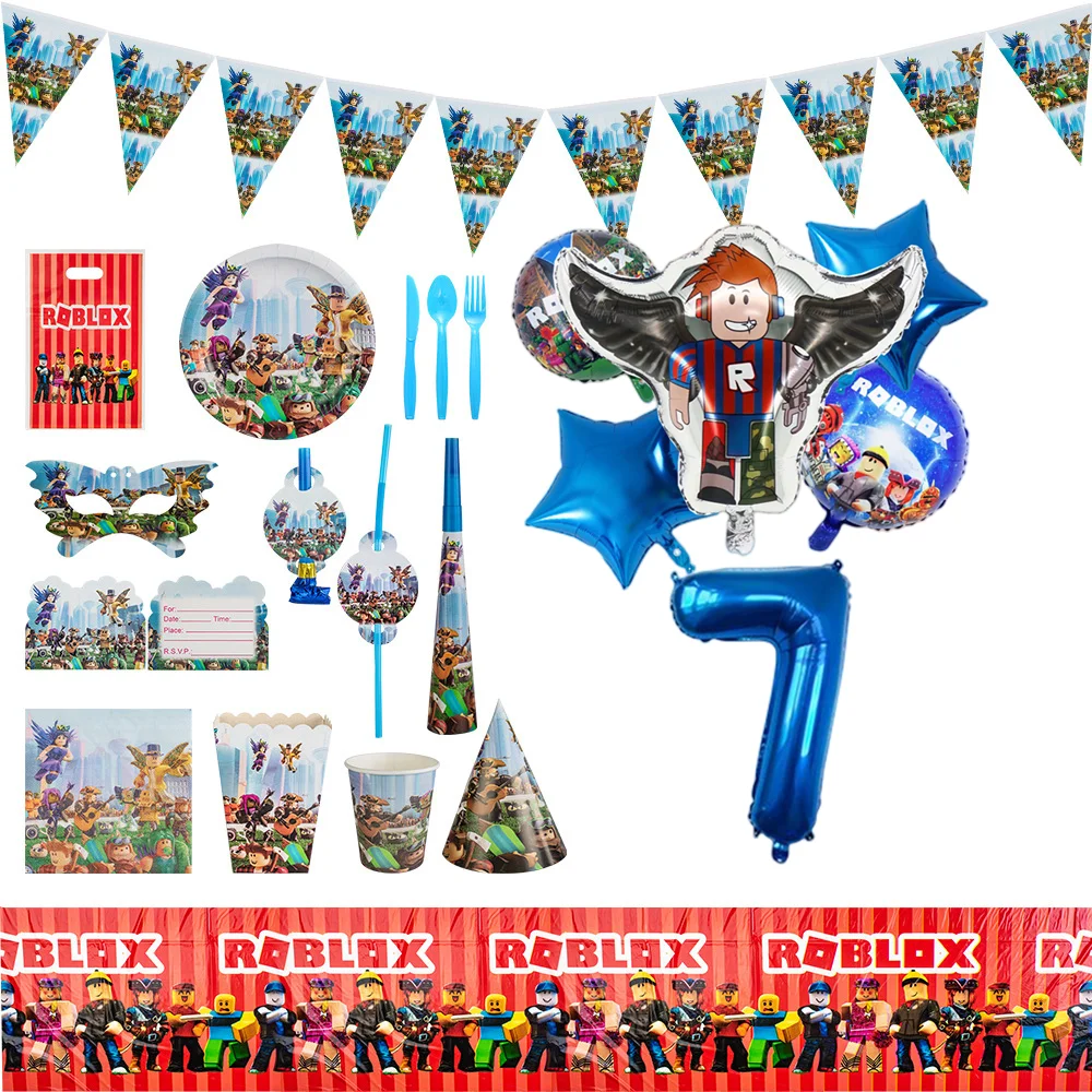 

Мультяшные воздушные шары Robloxed, украшения для дня рождения мальчиков, поставки одноразовых тарелок, набор посуды, бумажные тарелки, чашки