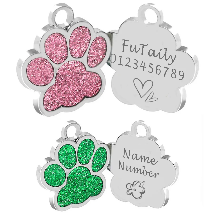 

Dog Cat ID Tag Personalized Engraved Custom Paw Glitter Pendant Puppy Kitten Pet Name Collar Tag Accessories