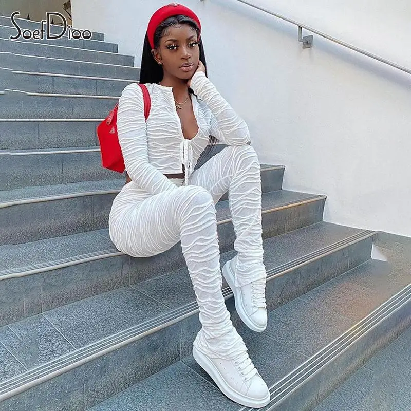 

Soefdioo Wave Striped Texture Women's Set Lace Up Long Sleeve Crop Tops and Pants 2024 Spring Two Piece Sets Outfits Tracksuits