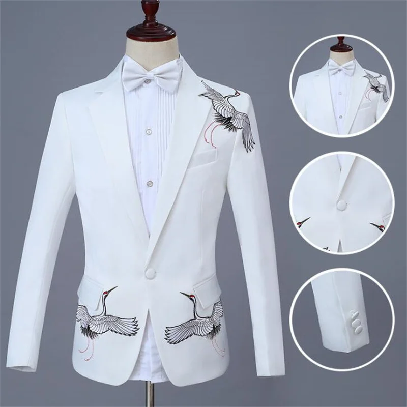 Blazer men suit set with pants Embroidered red-crowned crane mens wedding suits singer stage costume homme blanc formal dress